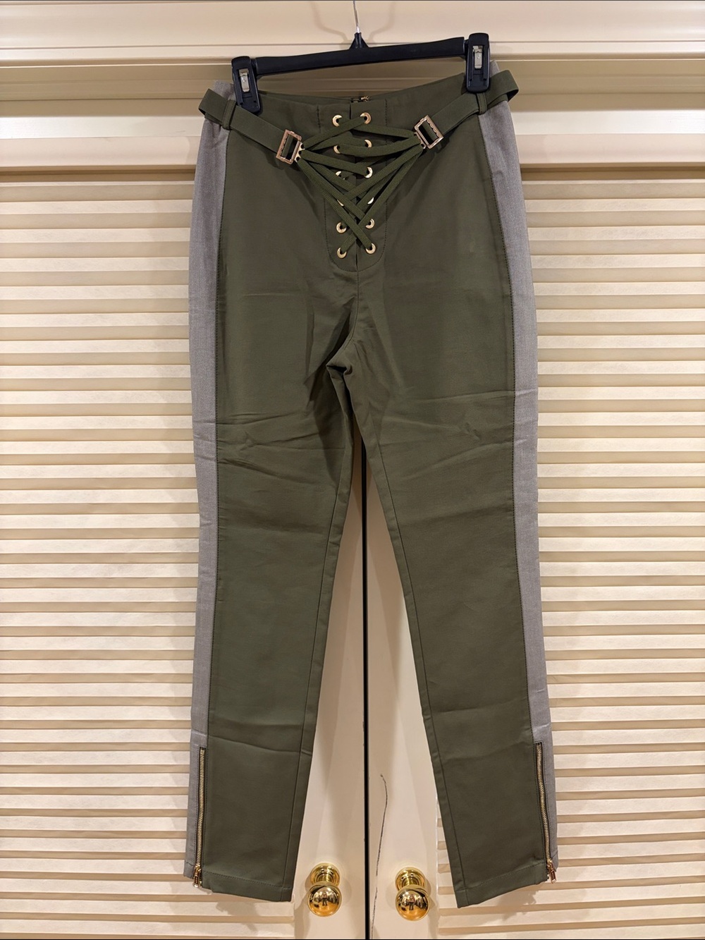 NWOT Dion Lee Olive Green Lace-Up Pants with Gray Side Panels, Size US 4